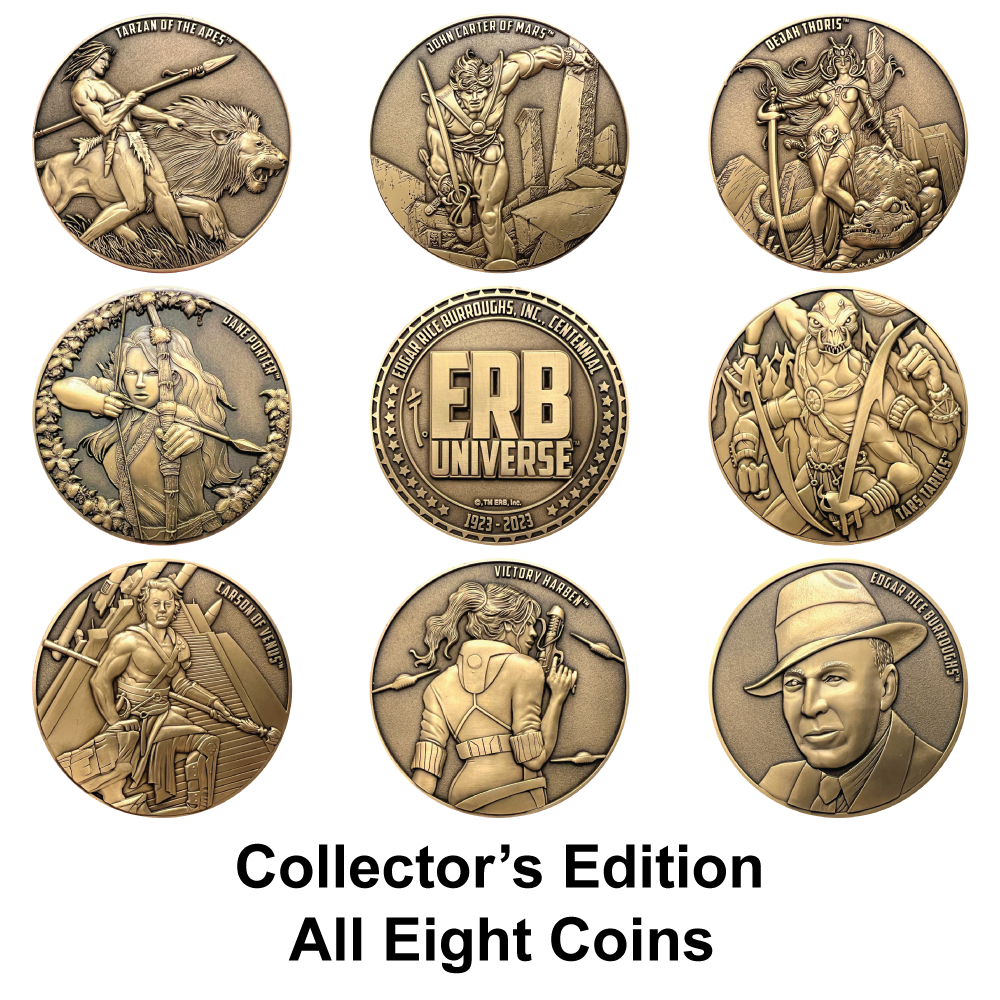 Photo of all nine of the Edgar Rice Burroughs coins listed on the product pages.  Tarzan, Jane, Dejah, John, Tars, ERB common side, Carson, Victory, ERB portrait