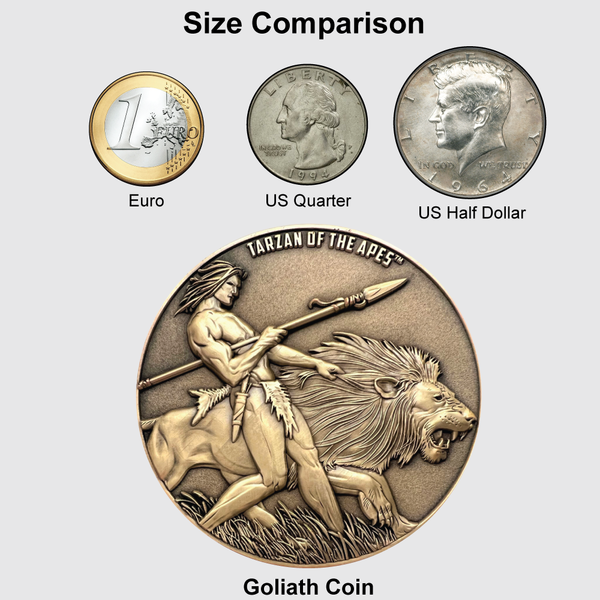 Load image into Gallery viewer, Chart showing size comparison between Goliath Coin (largest) and in order from small to large:  Euro, US Quarter, US Half dollar
