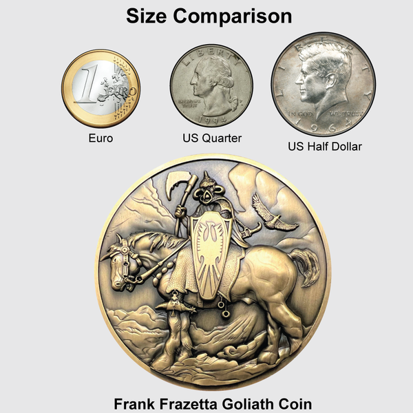 Load image into Gallery viewer, Chart showing size comparison between Goliath Coin (largest) and in order from small to large:  Euro, US Quarter, US Half dollar
