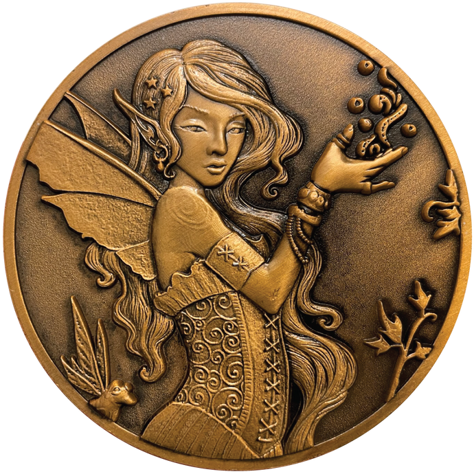 Copper metal coin showing Fairy with frog