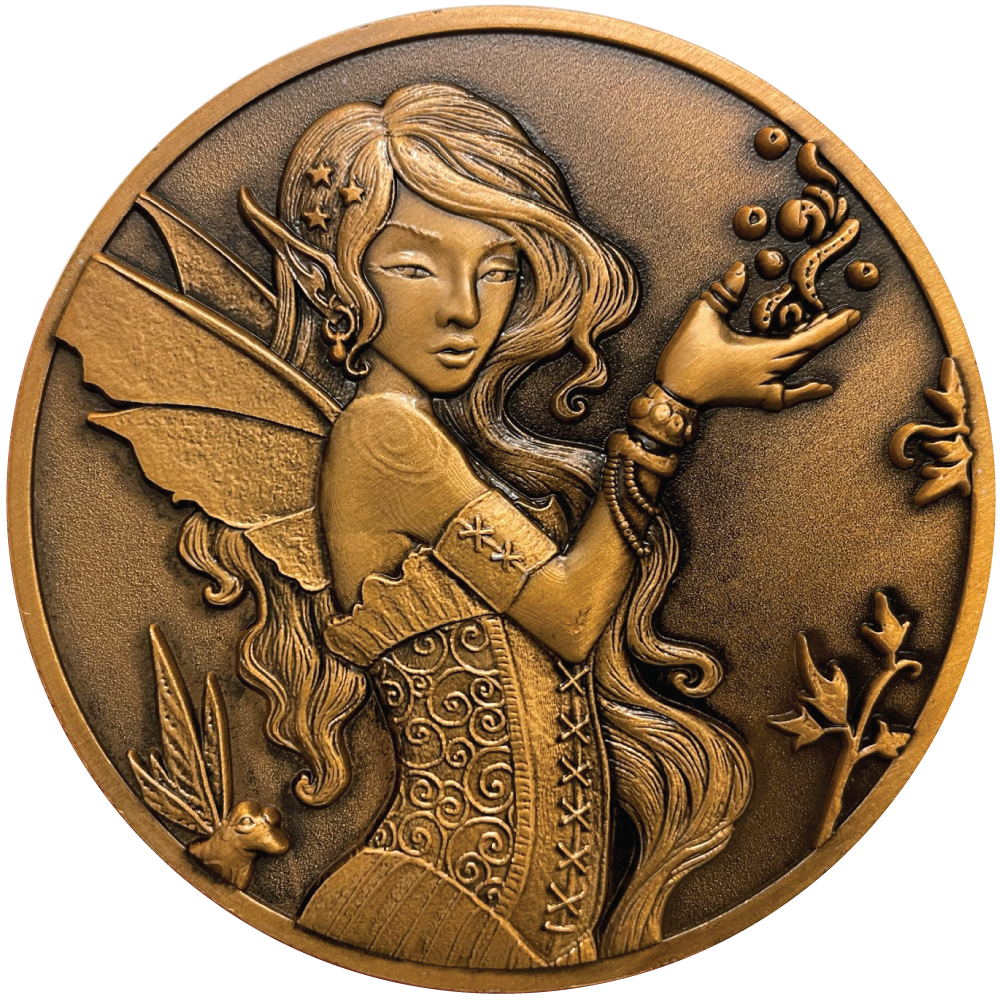 Copper metal coin showing Fairy with frog