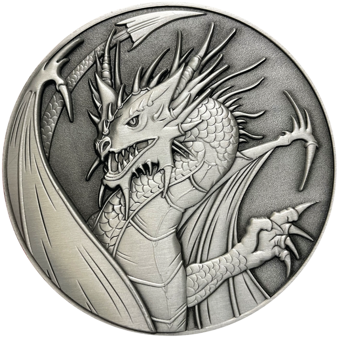 Silver metal coin with dragon