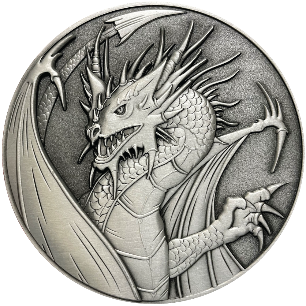 Silver metal coin with dragon