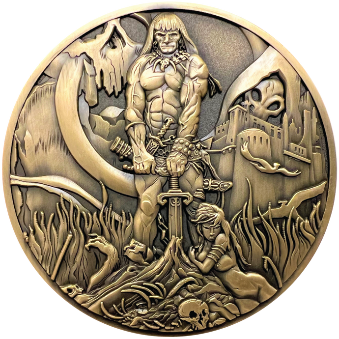 Gold metal coin showing Barbarian