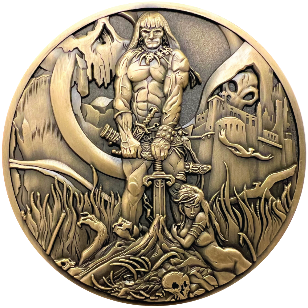 Gold metal coin showing Barbarian