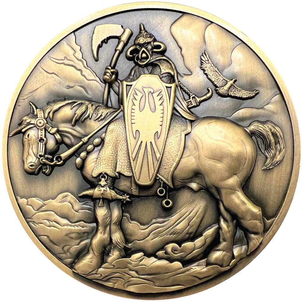 Gold metal coin showing Death Dealer