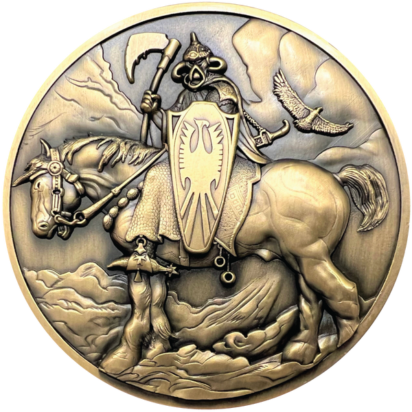 Load image into Gallery viewer, Gold metal coin showing Death Dealer
