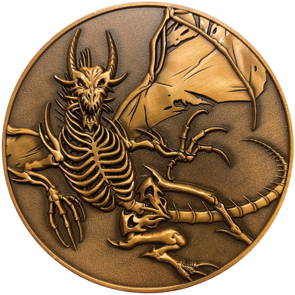 Load image into Gallery viewer, Copper metal coin showing skeleton dragon
