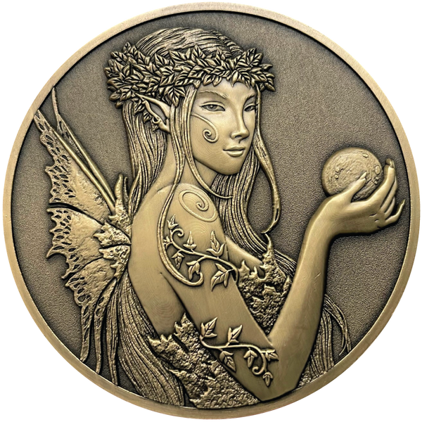 Load image into Gallery viewer, Gold metal coins showing fairy with ball in hand

