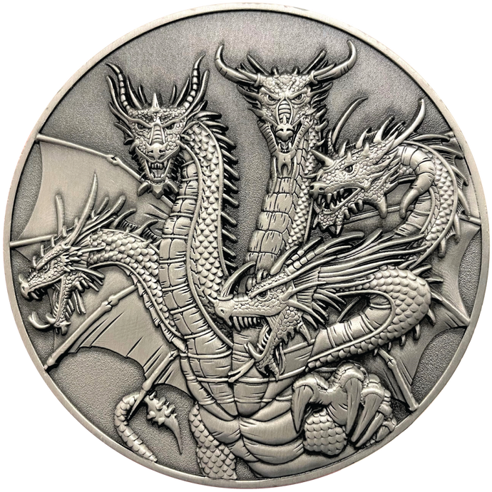 Silver metal coin showing Five-Headed dragon