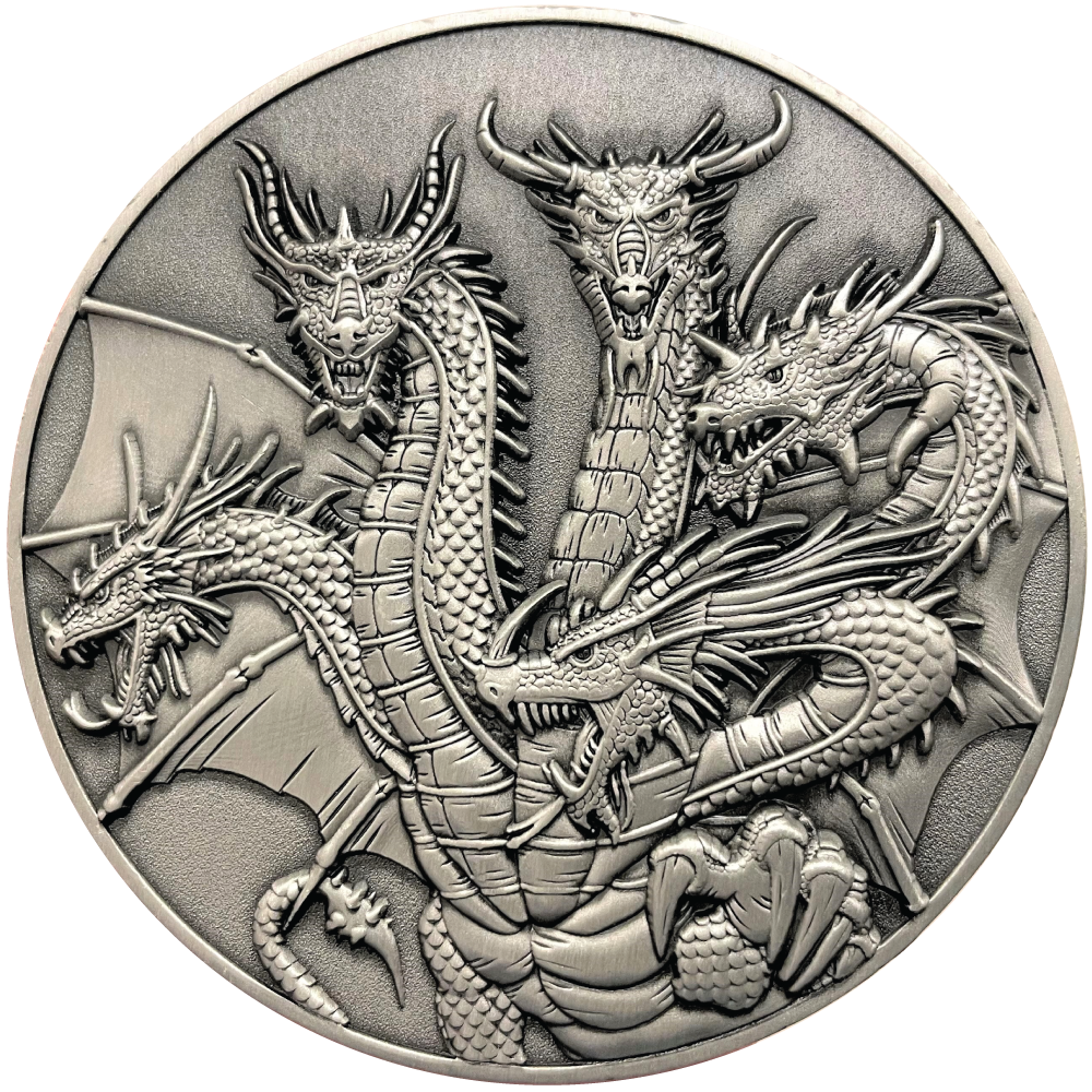 Silver metal coin showing Five-Headed dragon