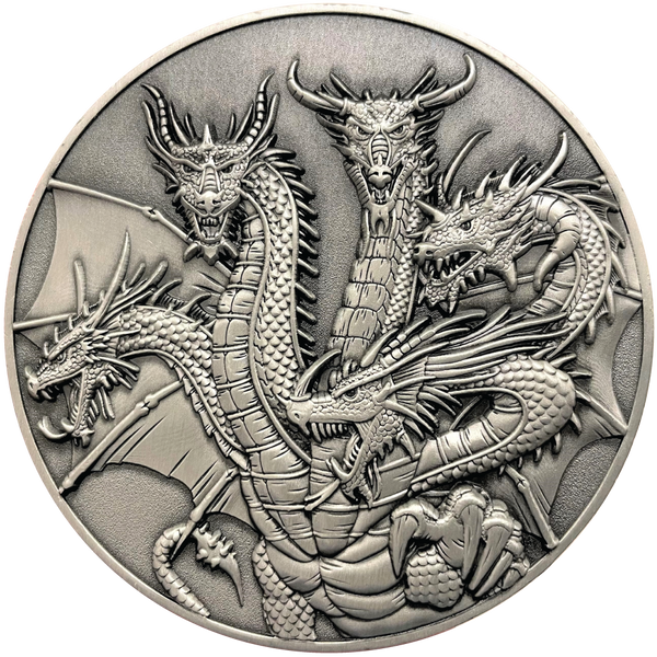 Load image into Gallery viewer, Silver metal coin showing Five-Headed dragon
