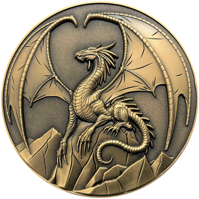 Gold metal coin showing Lawful Gold Dragon