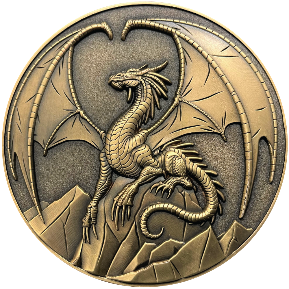 Gold metal coin showing Lawful Gold Dragon