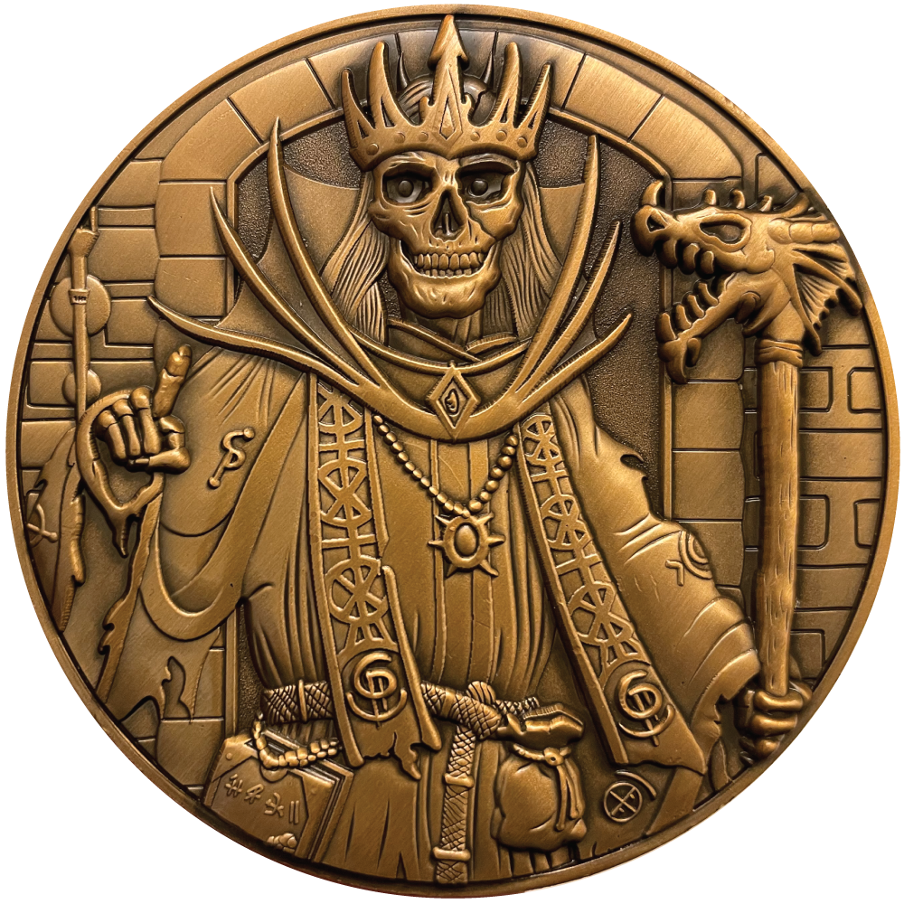 Copper metal coin showing Lich