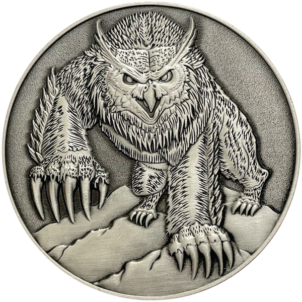 Load image into Gallery viewer, Silver metal coin showing Owlbear
