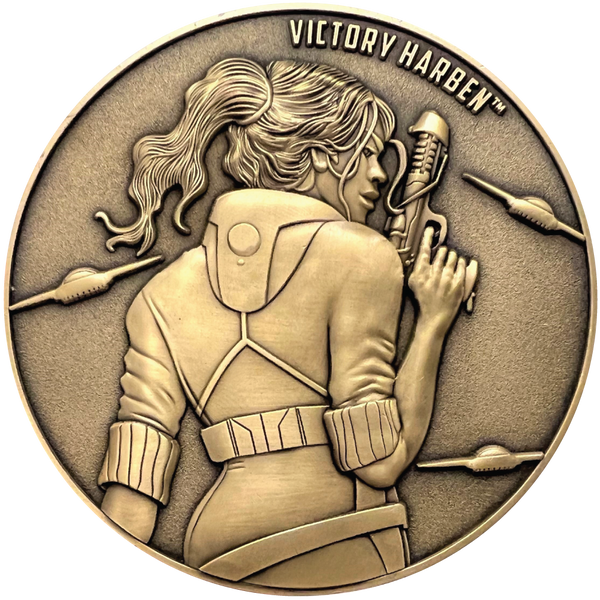 Load image into Gallery viewer, Gold metal coin showing Victory Harben
