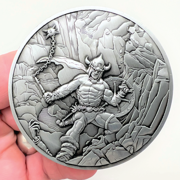 Load image into Gallery viewer, Silver metal coin showing Warrior with Ball and Chain
