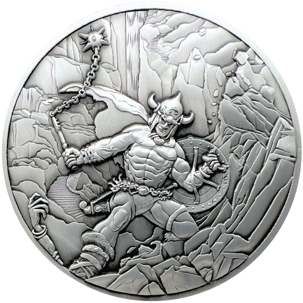 Silver metal coin showing Warrior with Ball and Chain