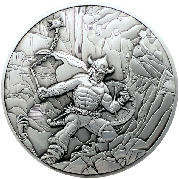 Load image into Gallery viewer, Silver metal coin showing Warrior with Ball and Chain
