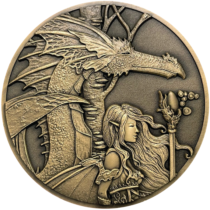 Gold metal coin showing fairy with dragon next to her