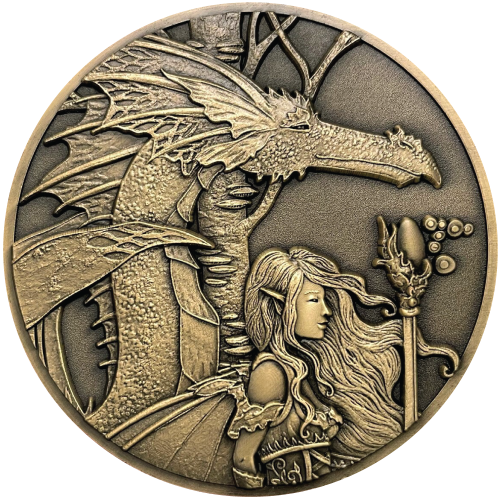 Gold metal coin showing fairy with dragon next to her