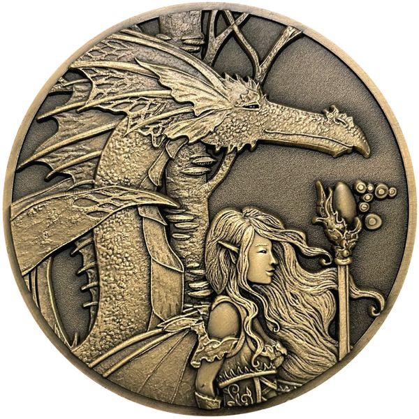 Load image into Gallery viewer, Gold metal coin showing fairy with dragon next to her

