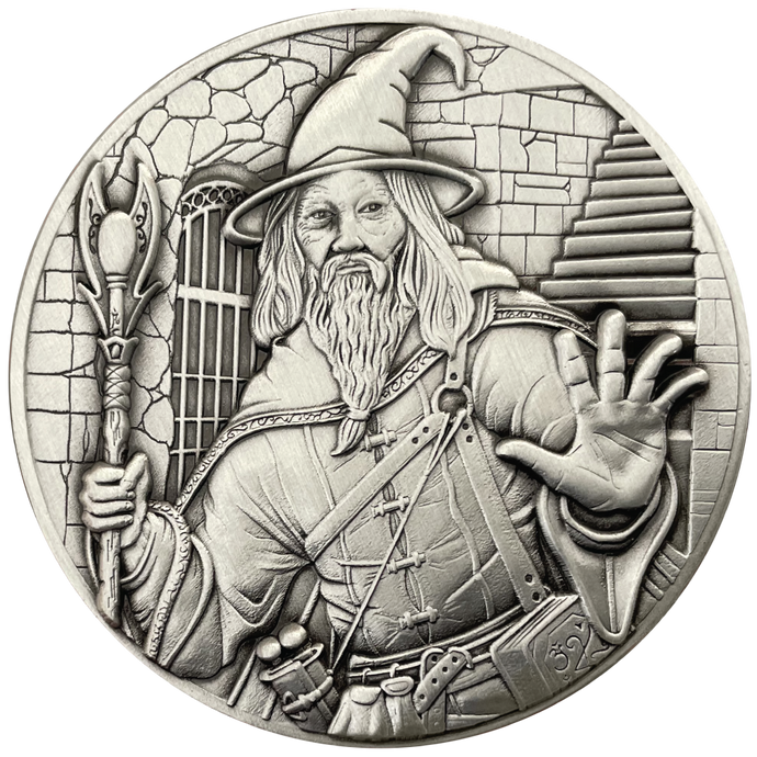 Silver metal coin with Wizard